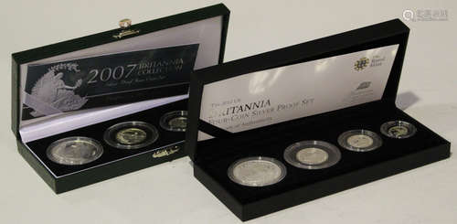 An Elizabeth II Royal Mint Britannia silver proof four-coin set 2007, cased, and an Elizabeth II