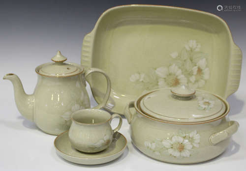 A Denby Daybreak pattern part service, including a coffee pot and cover, two teapots and covers, a