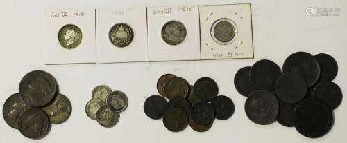 A group of 18th and 19th century coinage, including a George II sixpence 1757 and a William IV
