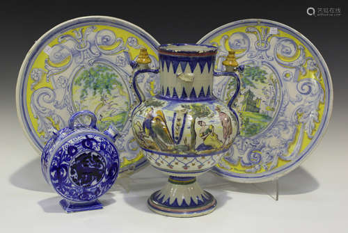 A small group of Spanish faience, 19th and 20th century, including a pair of Talavera wall chargers,