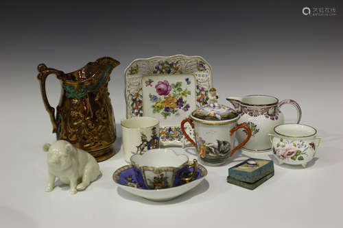 A small group of decorative ceramics, late 19th and 20th century, including a Dresden lilac ground