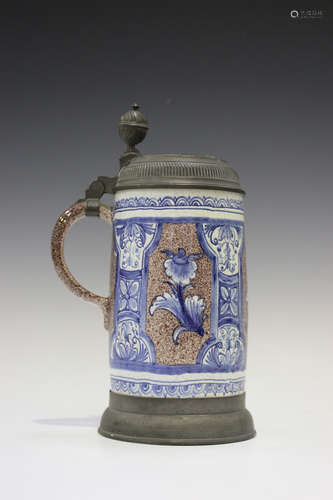 A German faience pewter mounted stein, probably Magdeburg, second half 18th century, painted in blue