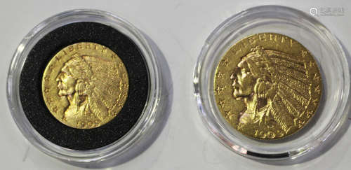 A USA gold five dollars 1909 and a USA gold two-and-a-half dollars 1909.