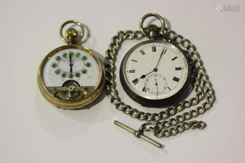 A silver cased keyless wind open-faced gentleman's pocket watch, the three-quarter plate gilt
