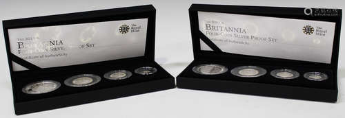 Two Elizabeth II Royal Mint Britannia silver proof four-coin sets, 2010 and 2011.