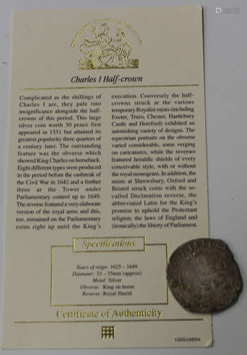 A Charles I half-crown, mintmark sun, with Westminster Mint certificate.