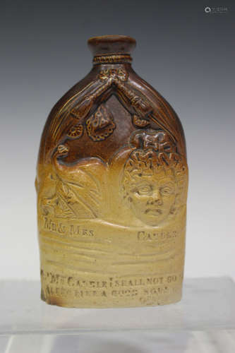A Stephen Green of Lambeth stoneware flask, circa 1840, relief decorated and inscribed with Mr & Mrs