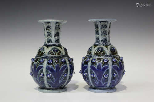 A pair of Doulton Lambeth stoneware vases, circa 1875, decorated by Emily J. Edwards, monogrammed,