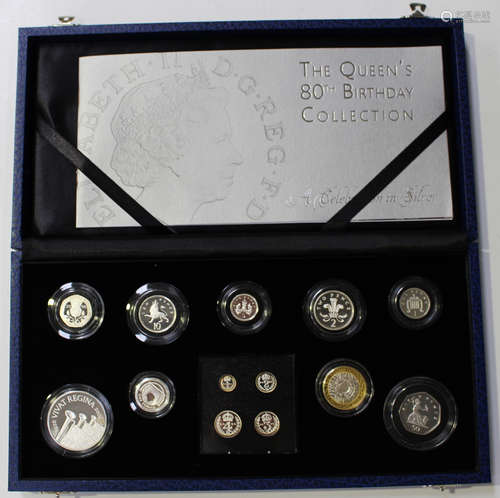 An Elizabeth II Royal Mint The Queen's 80th Birthday silver thirteen-coin proof set, cased.