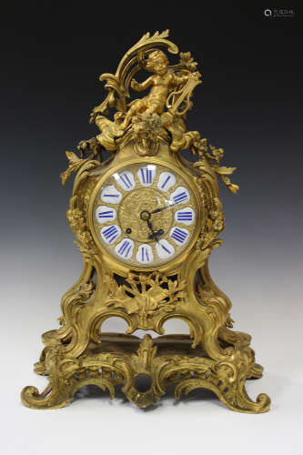 A late 19th century French ormolu bracket clock with eight day movement striking on a bell via an