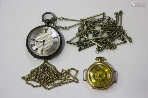 A 9ct gold octagonal cased lady's keyless wind open-faced fob watch, converted for wear as a