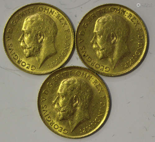Three George V half-sovereigns, comprising 1912 and two 1913.