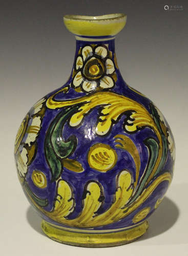 A Sicilian Caltagirone pharmacy bottle, late 17th/early 18th century, the globular body painted with