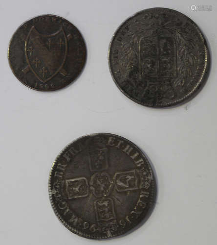 A William III crown 1696, the edge detailed 'Octavo', a Victoria crown 1844 and an 18th century