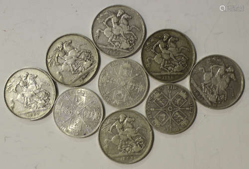 A group of six Victoria crowns, including 1887, 1888 and 1889, and three Victoria double-florins,