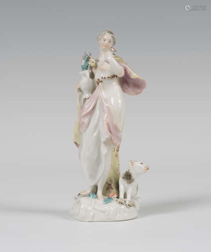 A Meissen porcelain figure emblematic of Spring, mid-18th century, modelled as a maiden wearing a