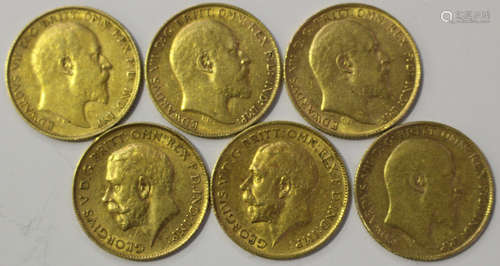 Four Edward VII half-sovereigns, comprising 1902, 1903, 1907 and 1910, and two George V half-