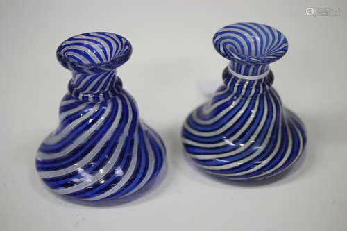 A small pair of Venetian latticinio glass vases, early 20th century, the baluster bodies with a