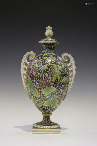A Copeland porcelain two-handled vase and cover, circa 1851-85, painted with stylized trumpet