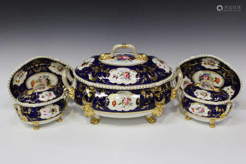 A Derby porcelain soup tureen and cover and pair of matching sauce tureens, covers and stands, circa