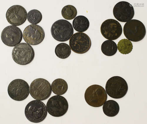 A collection of 18th and 19th century tokens, including a Pidcocks Exhibition farthing, a Spalding