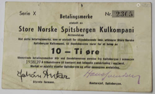 A Store Norske Spitsbergen Kulkompani 10 - Ti øre voucher note, series X, dated 1938/39.