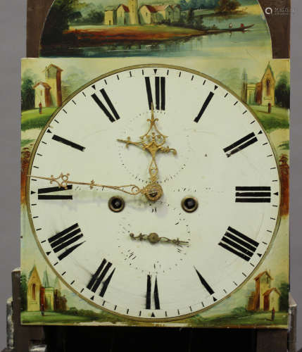 A George III longcase clock with eight day movement striking on a bell, the painted breakarch dial