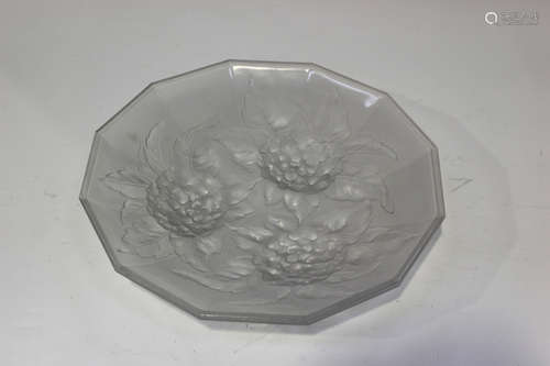 A French Ezan frosted and clear glass dodecagonal dish, 1930s, the exterior moulded with hydrangeas,