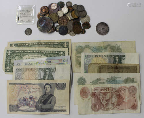 A small collection of British and world coinage and banknotes, including a USA fifty cents 1819 (the