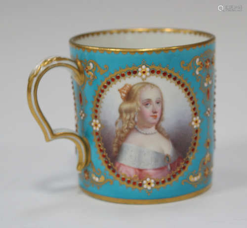 A Sèvres style bleu céleste ground jewelled coffee can, mid-19th century, painted with three