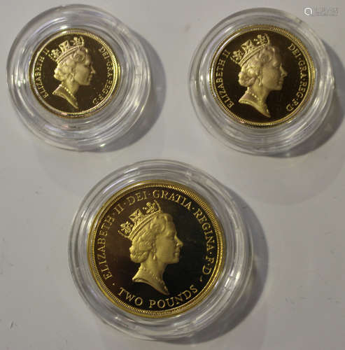 An Elizabeth II United Kingdom Royal Mint gold proof three-coin set 1995, comprising two pounds