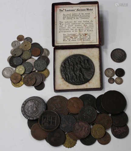 A small collection of British and world coinage and tokens, including a George III cartwheel