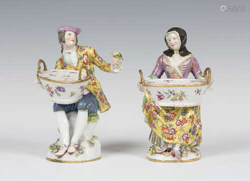 A pair of Meissen porcelain bouquetière figures, late 18th/19th century, modelled after Kändler as a