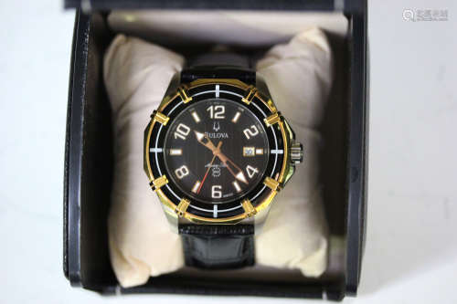 A Bulova Marine Star steel and gilt gentleman's wristwatch, the signed black dial with alternating