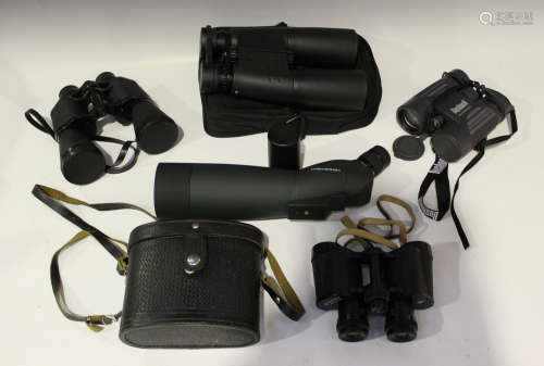 A pair of Bressler 8 x 56 binoculars, boxed, a pair of Bushnell waterproof 10 x 42 binoculars,