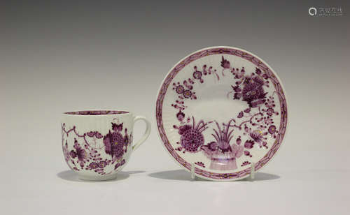 A Meissen porcelain Academic period teacup and saucer, circa 1770, rib moulded and painted in