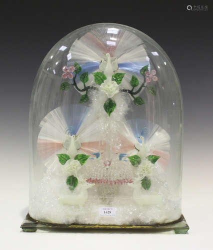 A glass frigger, late 19th century, modelled as three birds and two stags surrounding a fountain,