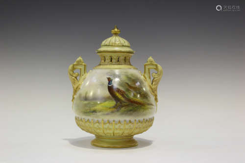 A Royal Worcester porcelain potpourri vase, liner and cover, circa 1910, the bulbous body painted by