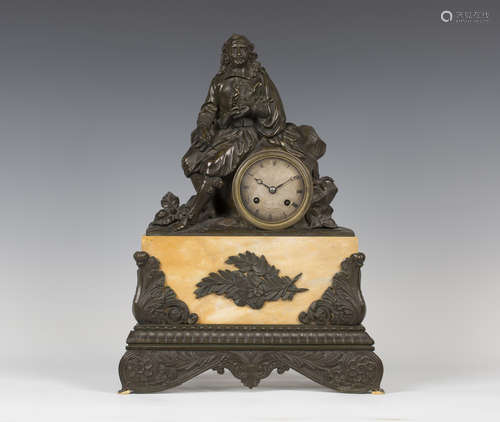 A mid-19th century French bronze and Sienna marble mantel clock, the eight day movement with silk