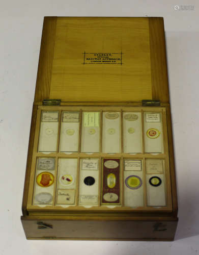 A collection of 99 microscope specimen slides, mostly early to mid-20th century, including micro