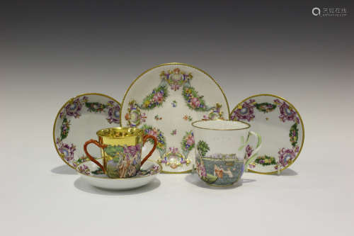 A Naples porcelain oversize Doccia style cup and saucer, late 19th century, the cup relief moulded