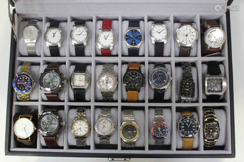 A collection of twenty-four gentlemen's wristwatches, including a Rotary black finish chronograph