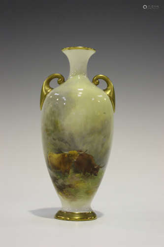 A Royal Worcester two-handled vase, circa 1920, painted by H. Stinton, signed, with two Highland