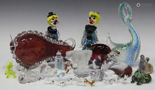 A group of mostly glass animals, including a Murano swan with silver aventurine decoration, a