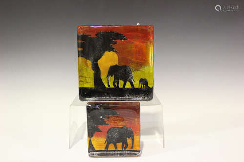 Two Caithness sandcast glass sculptures, designed by Sarah Peterson, titled 'Elephant' and '