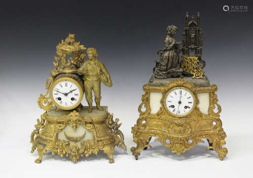 A late 19th century French gilt and silvered spelter mantel clock with eight day movement striking