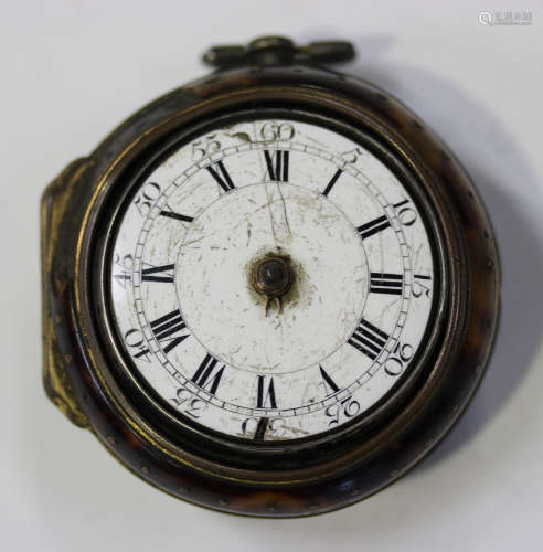 A mid-18th century silver and tortoiseshell pair cased key wind open-faced gentleman's pocket watch,