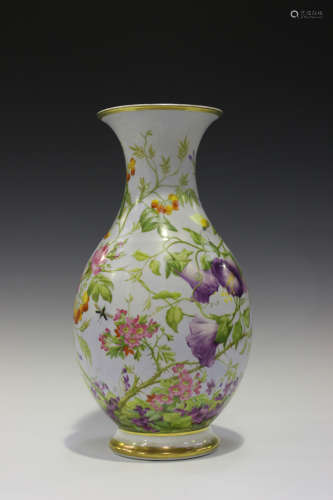 A Paris porcelain botanical vase, mid-19th century, the baluster body well painted with a bird and