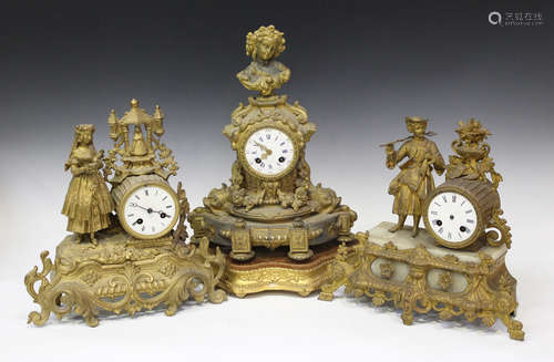 A late 19th century French gilt spelter mantel clock with eight day movement striking on a bell