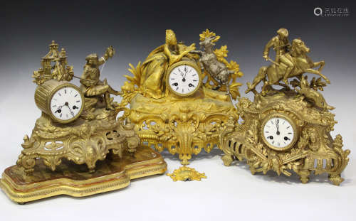 A late 19th century French gilt spelter mantel clock with eight day movement striking on a bell